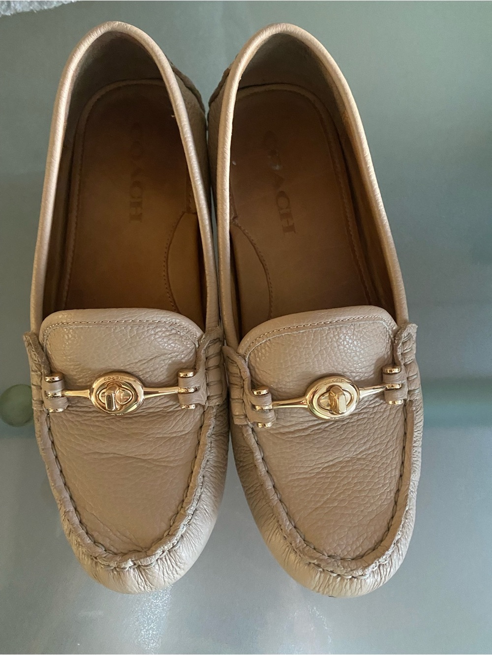 Coach Taupe Pebbled Leather Loafers with Gold-Tone Hardware
